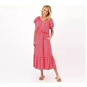 Destination 365 Large Maxi Dress Red White Print Flutter‎ Sleeve Boho Summer